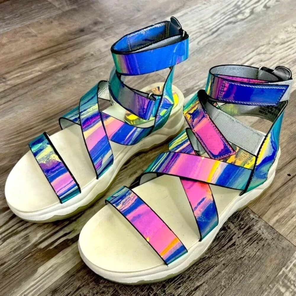 Hologram Opalescent White velcro platform festival Sandals lightweight like Teva
